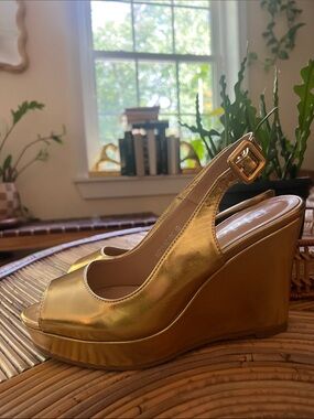 Gold Metallic Wedge Slingback Sandals - Women